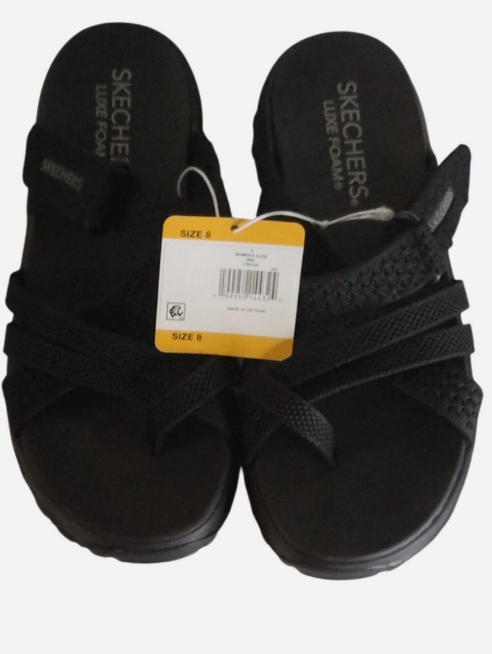 Skechers Women’s Black Cross-Strap Luxe Foam Slide Sandals